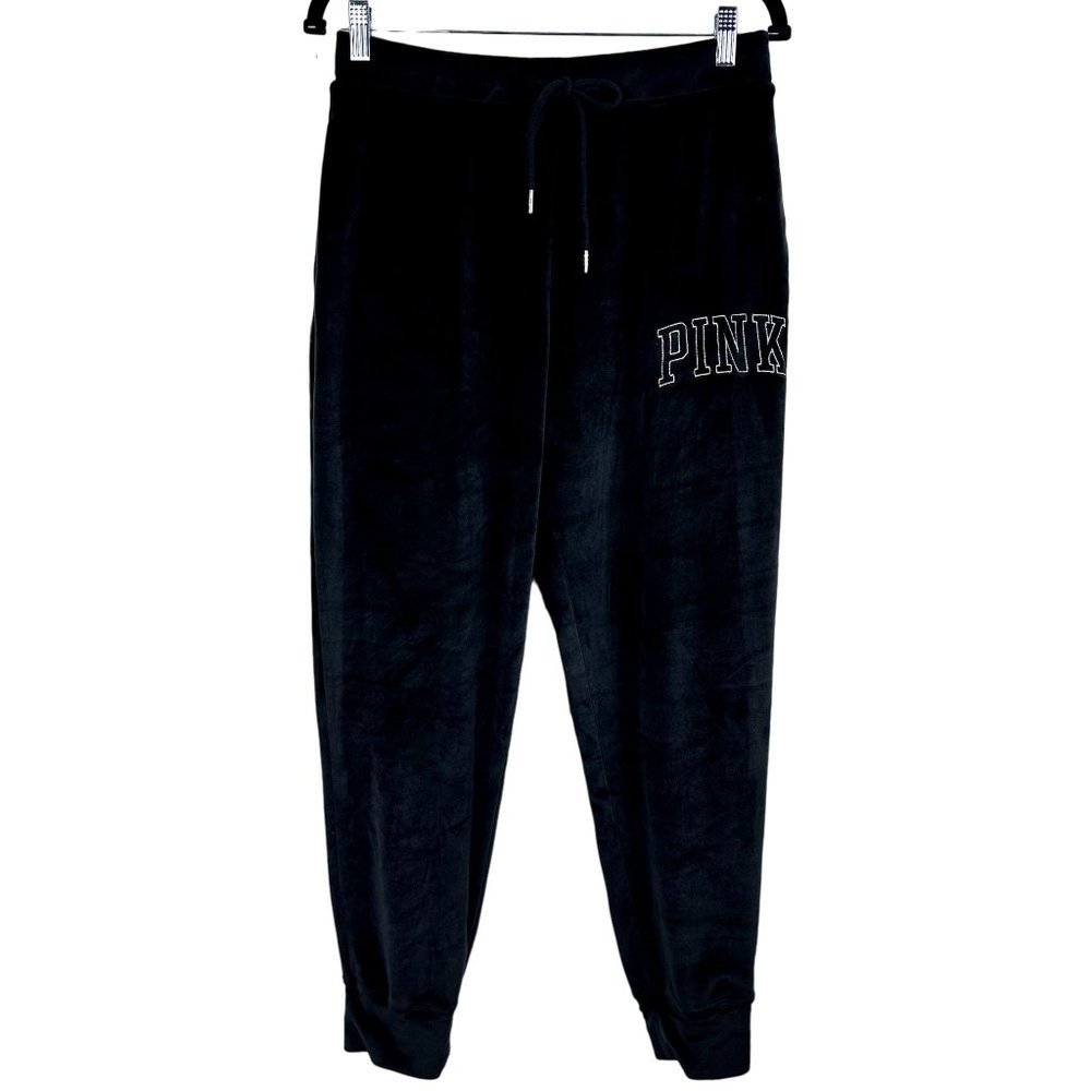 PINK Victoria Secret Joggers Size M Black Fleece Drawstring Logo Lounge